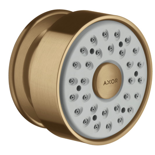 Gold shower head with 'AXOR' branding on a white background
