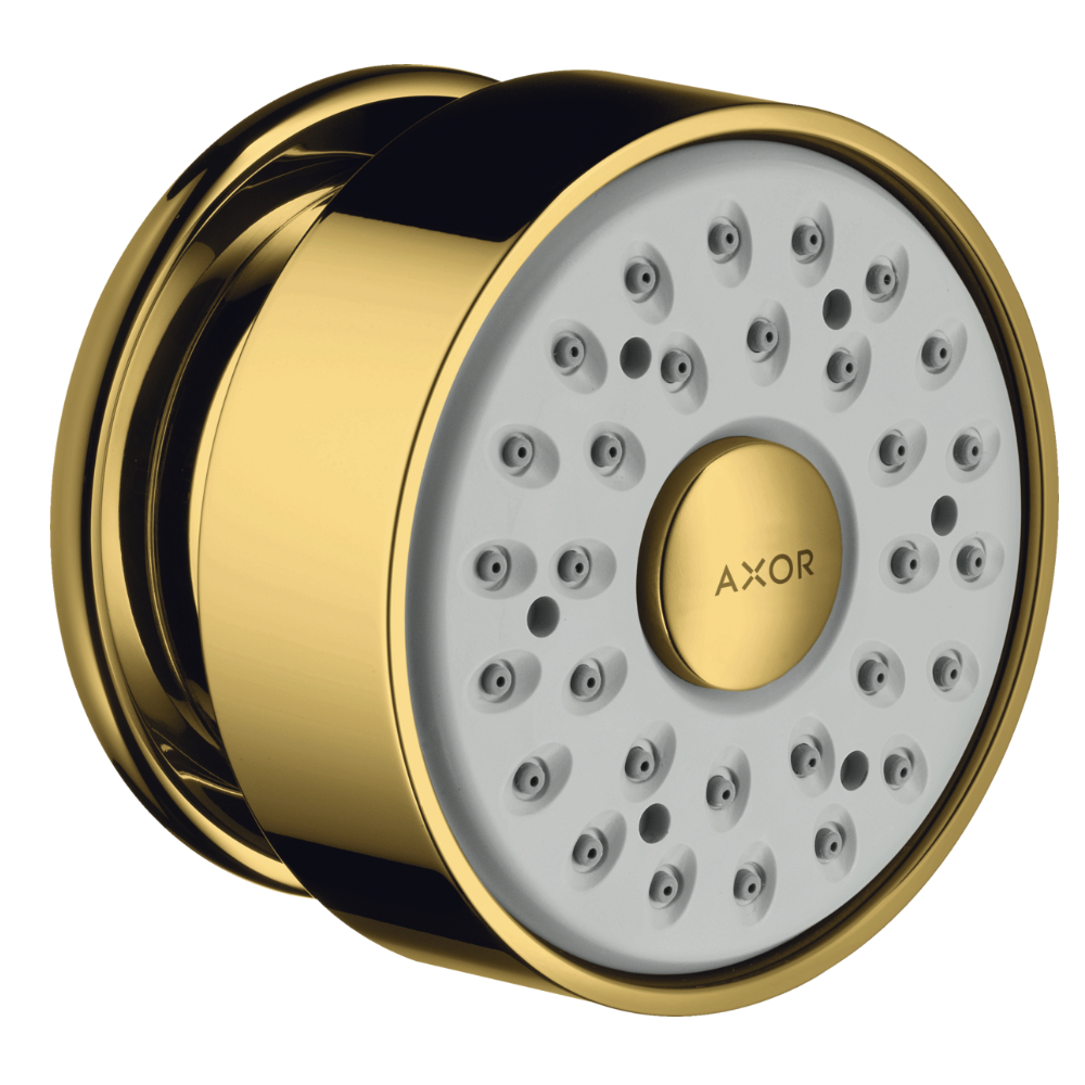 Gold and black shower head with 'AXOR' branding on a white background