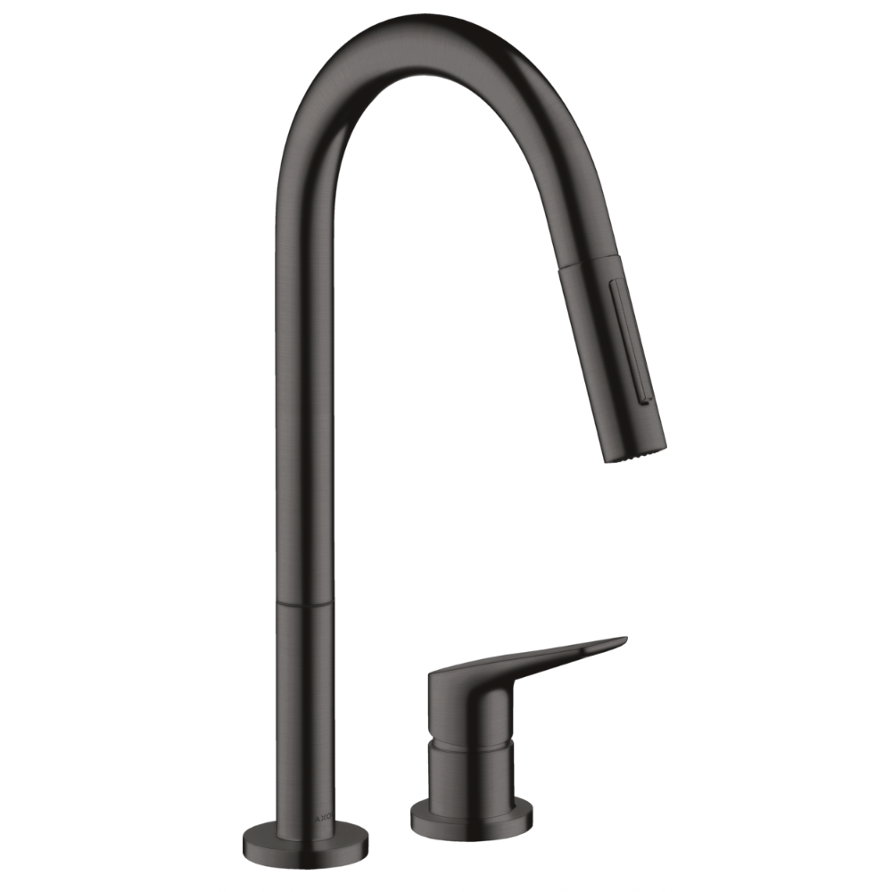 Black kitchen faucet with pull-down sprayer on a white background