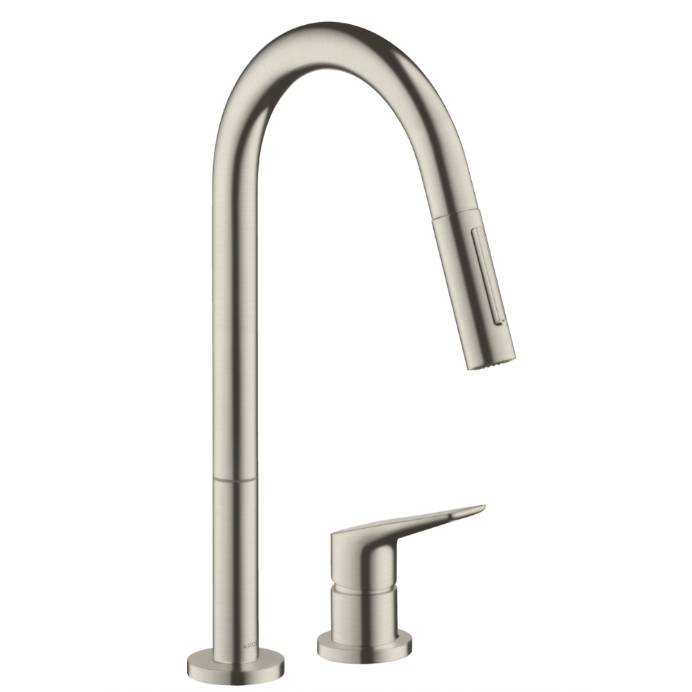 Stainless steel kitchen faucet on a white background