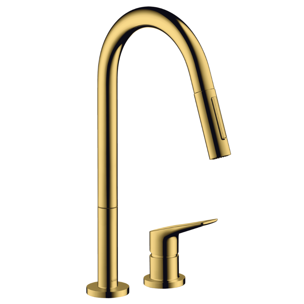 Gold kitchen faucet and soap dispenser set on a white background