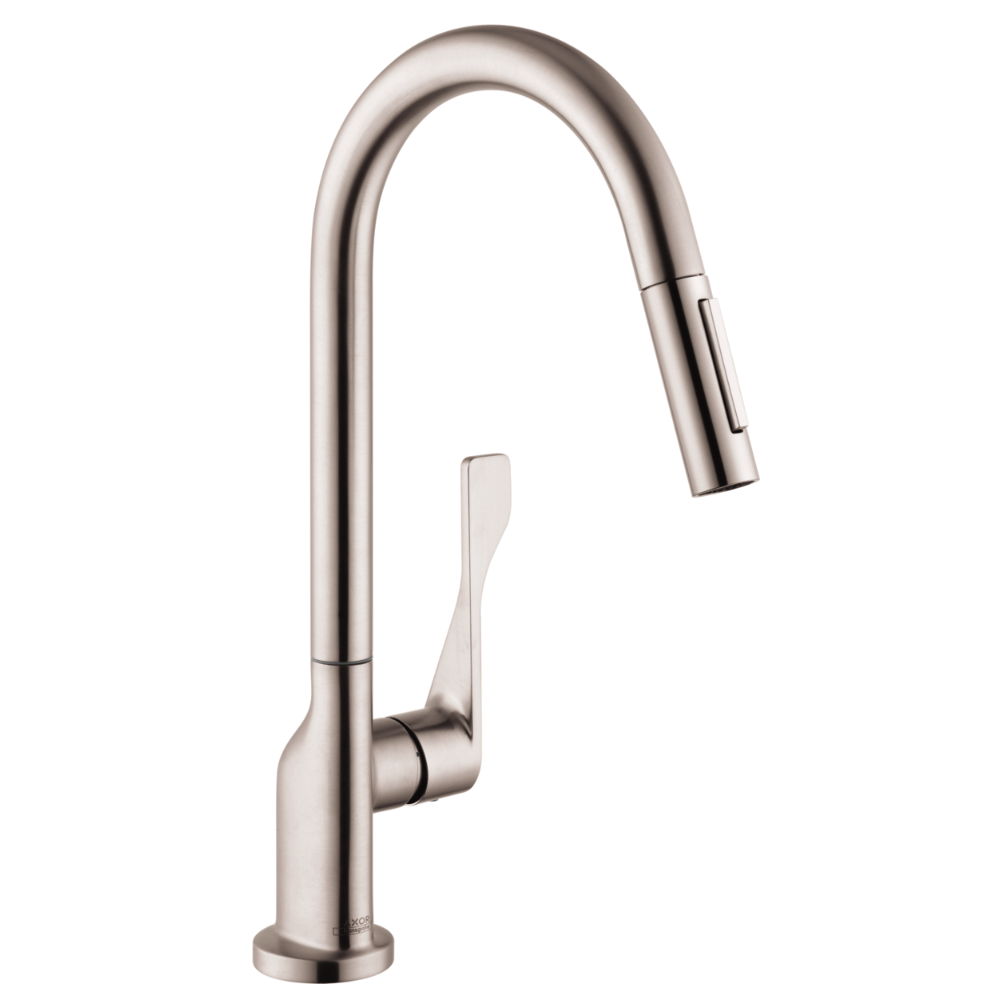 Stainless steel kitchen faucet on a white background