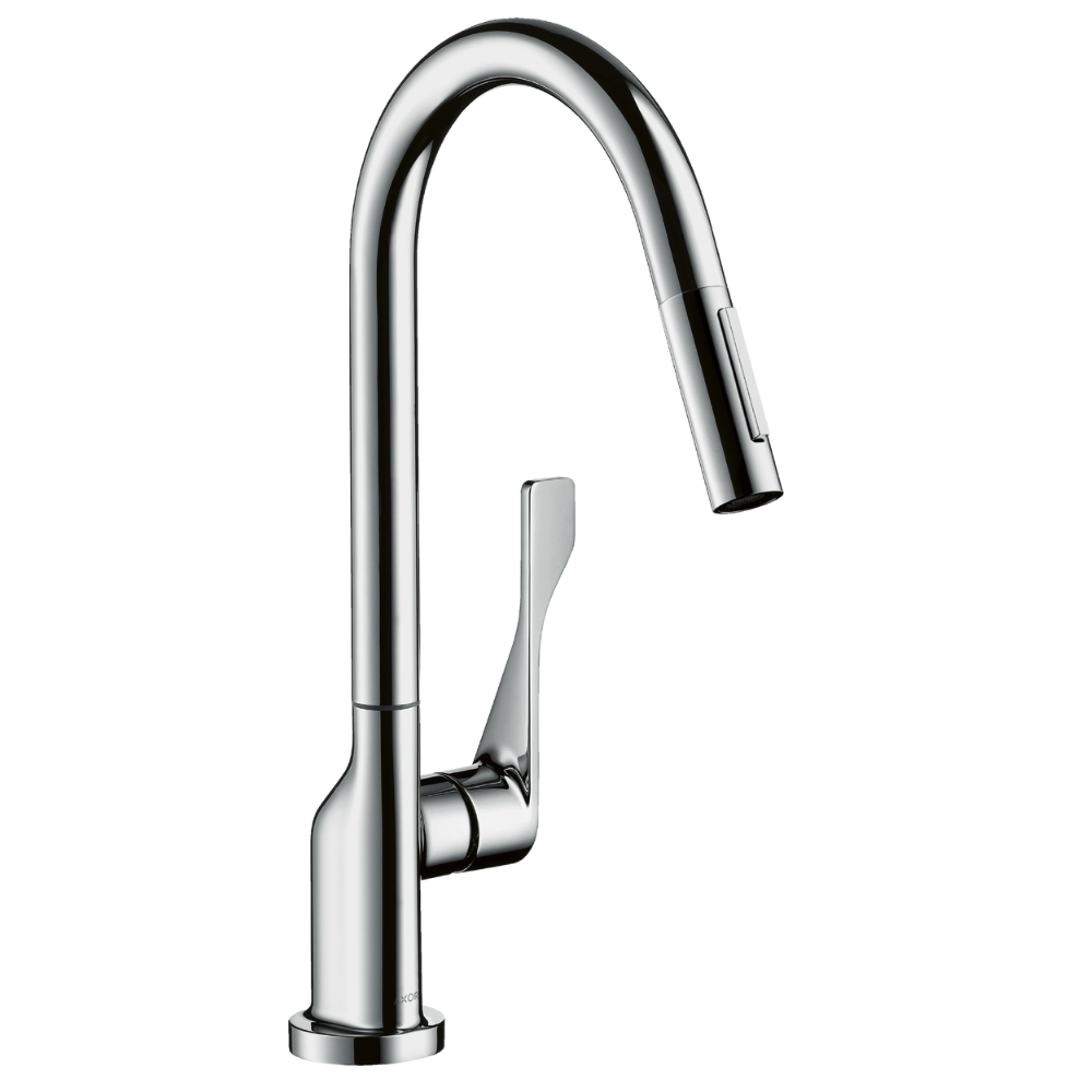 Chrome kitchen faucet on a white background