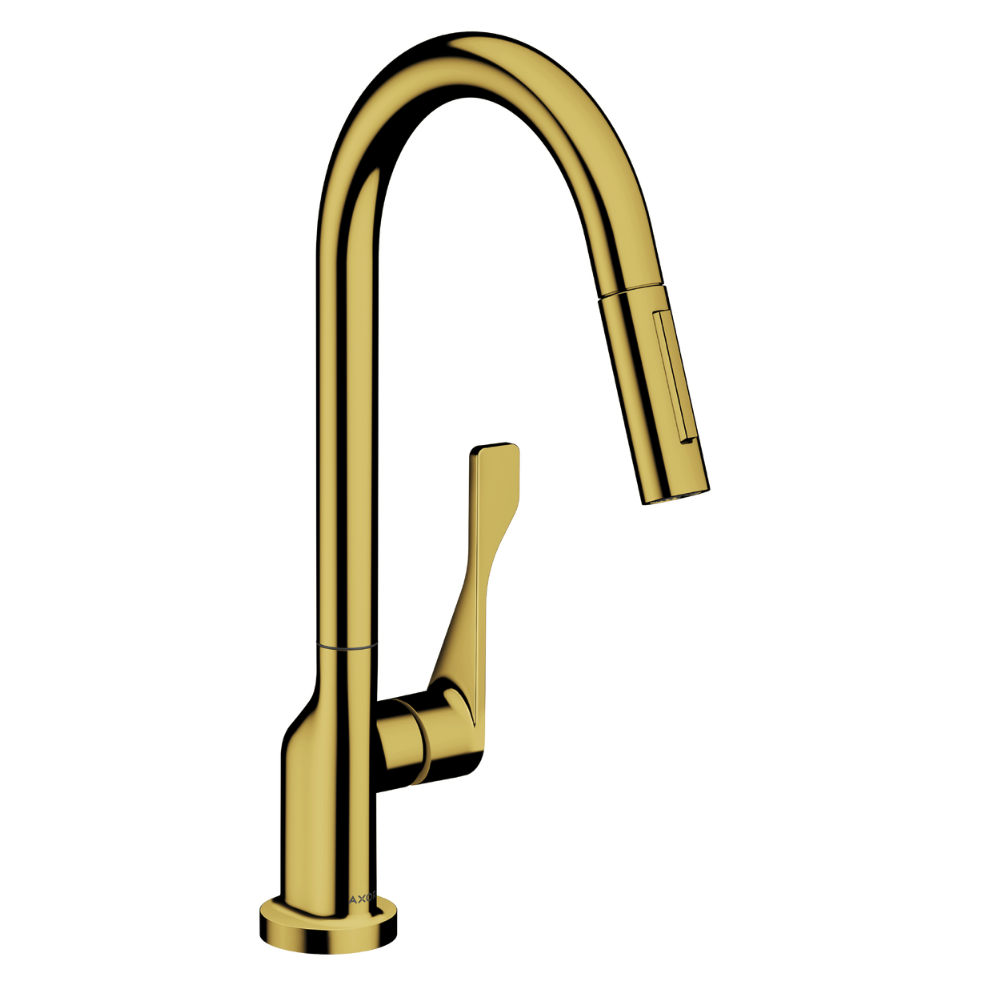 Gold kitchen faucet on a white background