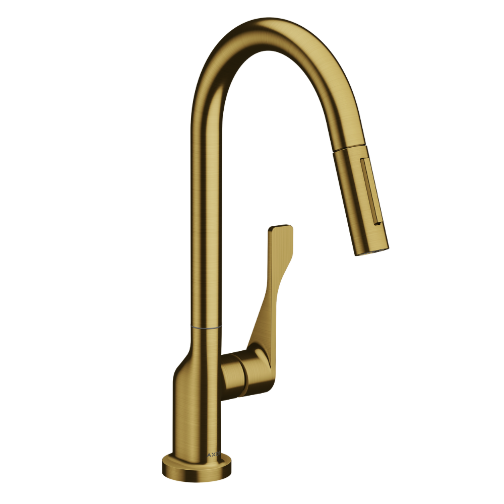 Gold kitchen faucet on a white background