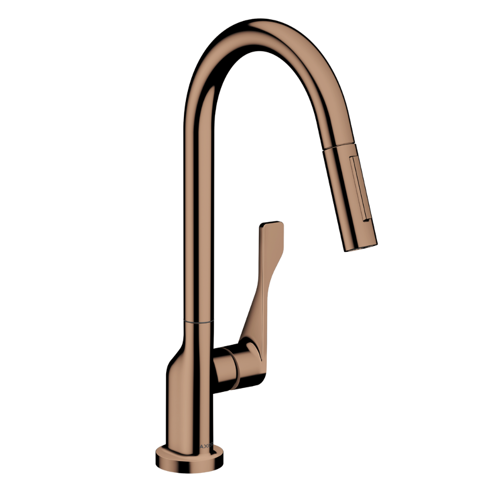 Rose gold kitchen faucet on a white background