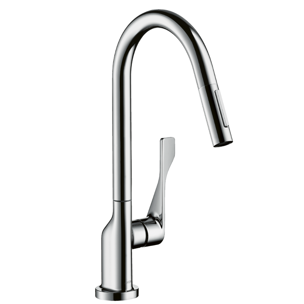 Chrome kitchen faucet on a white background