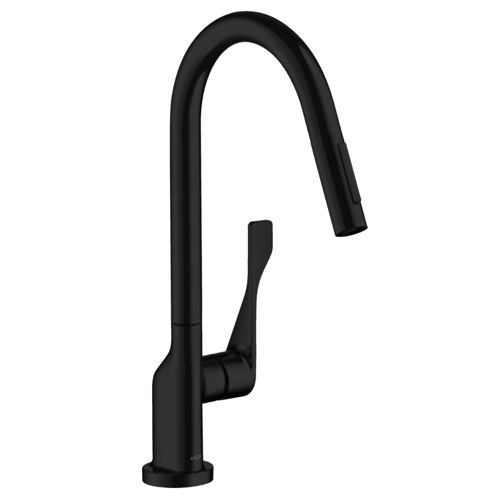 Black kitchen faucet on a white background