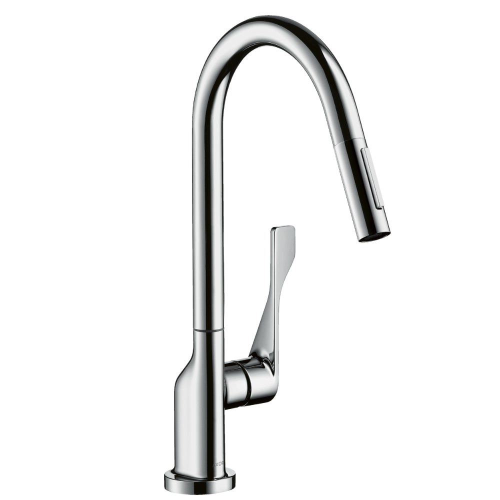 Chrome kitchen faucet on a white background