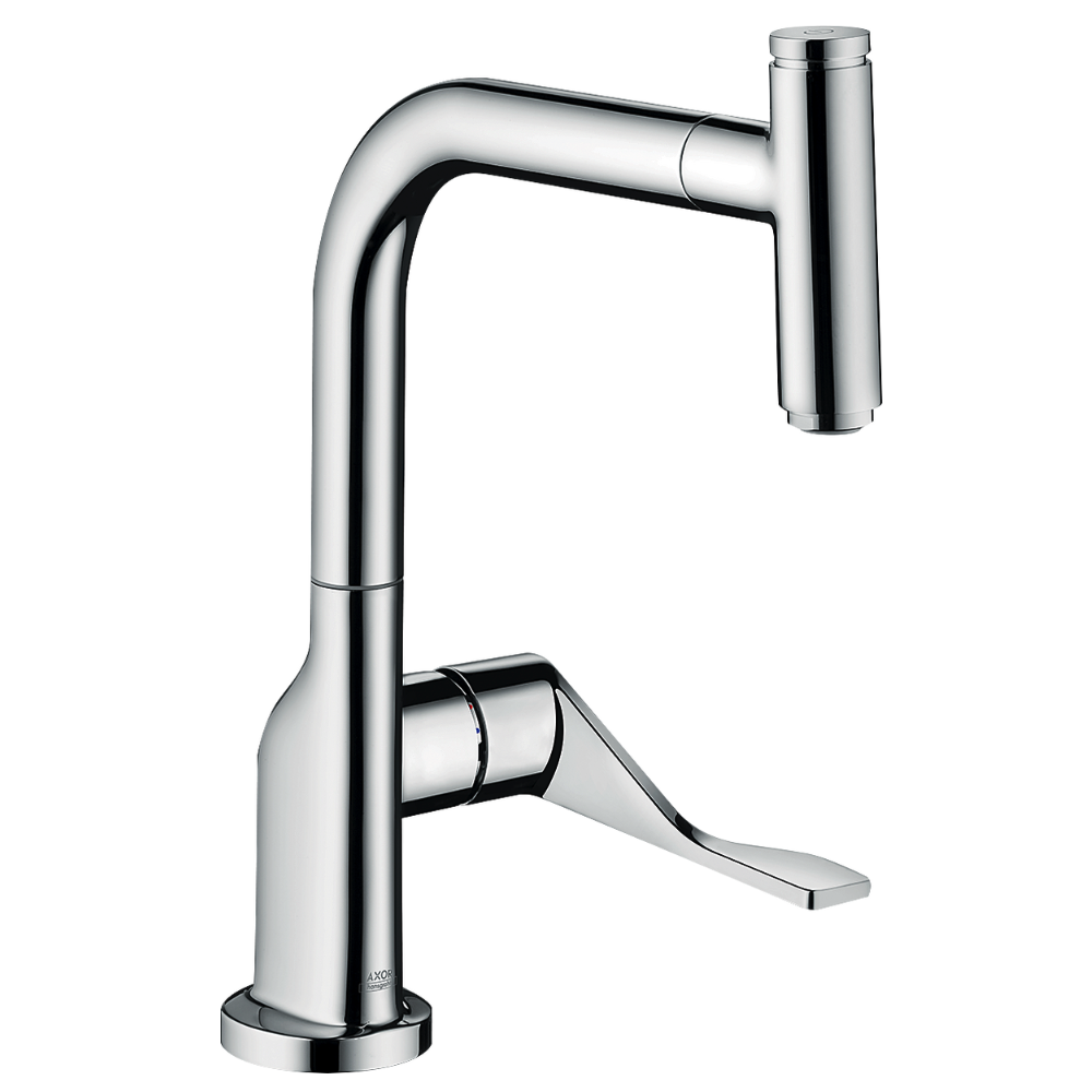 Chrome kitchen faucet on a white background