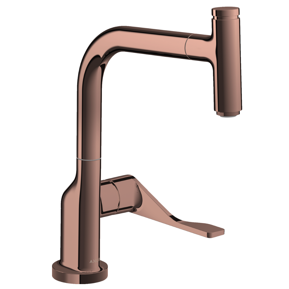 Rose gold kitchen faucet on a white background