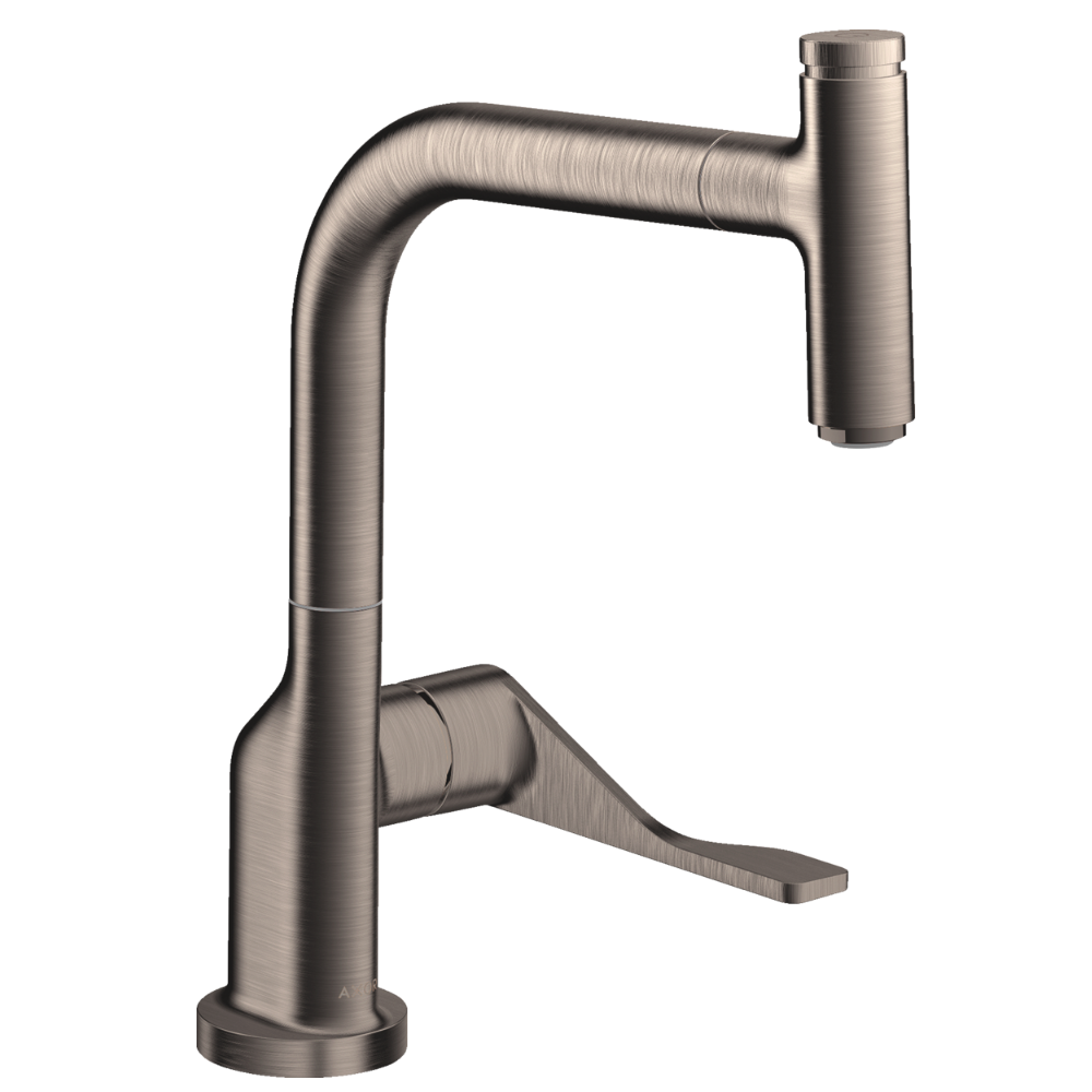 Stainless steel kitchen faucet on a white background