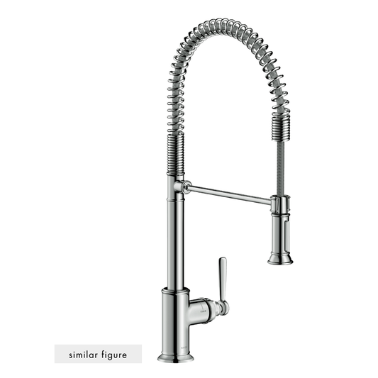Chrome kitchen faucet with a flexible hose on a white background