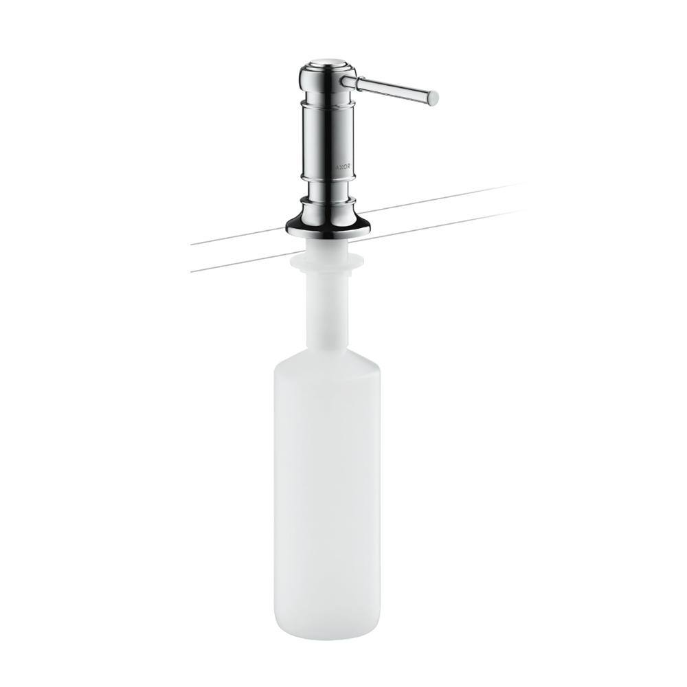 White soap dispenser with chrome pump on a white background