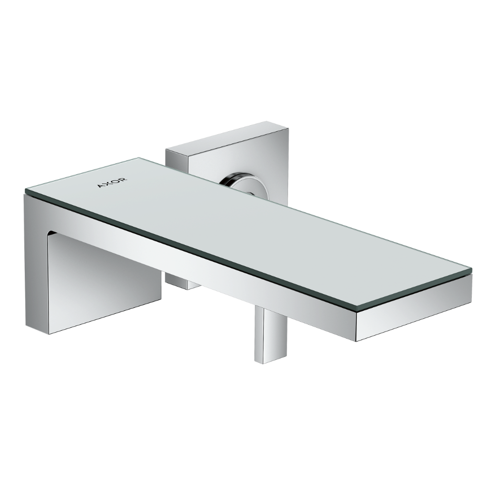 Chrome shower wall-mounted fixture with glass shelf on a white background