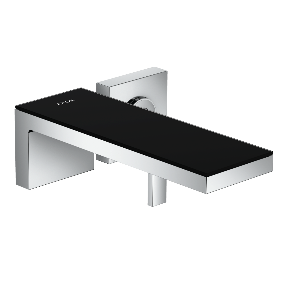 Modern wall-mounted shower fixture with black glass panel and chrome finish on a white background