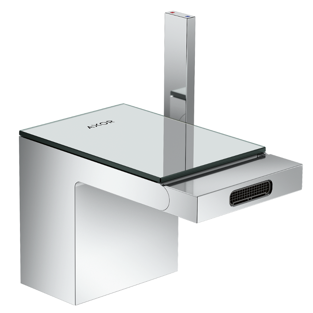 Chrome bathroom fixture with glass top on a white background