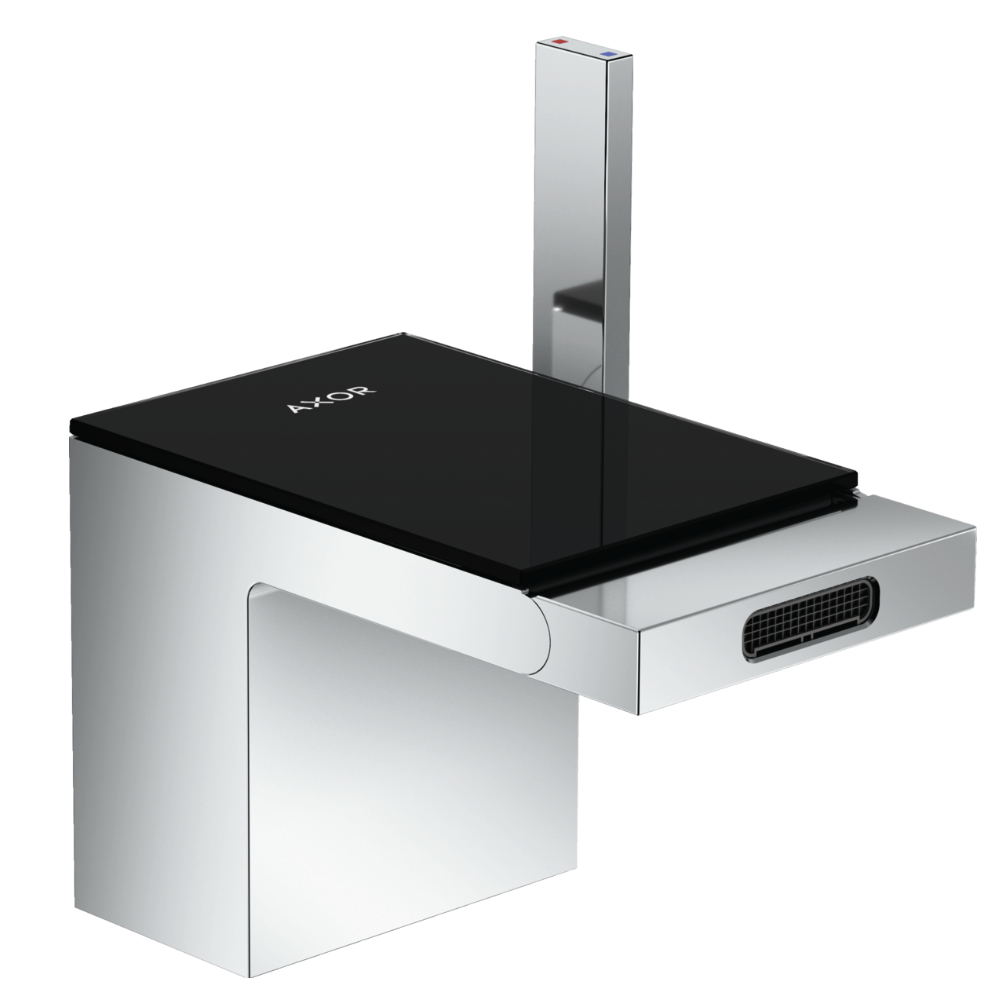 Chrome and black bathroom faucet with 'Axor' branding on a white background