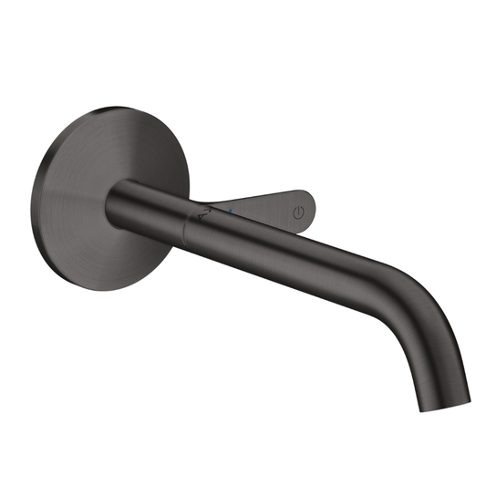 Black wall-mounted faucet on a white background