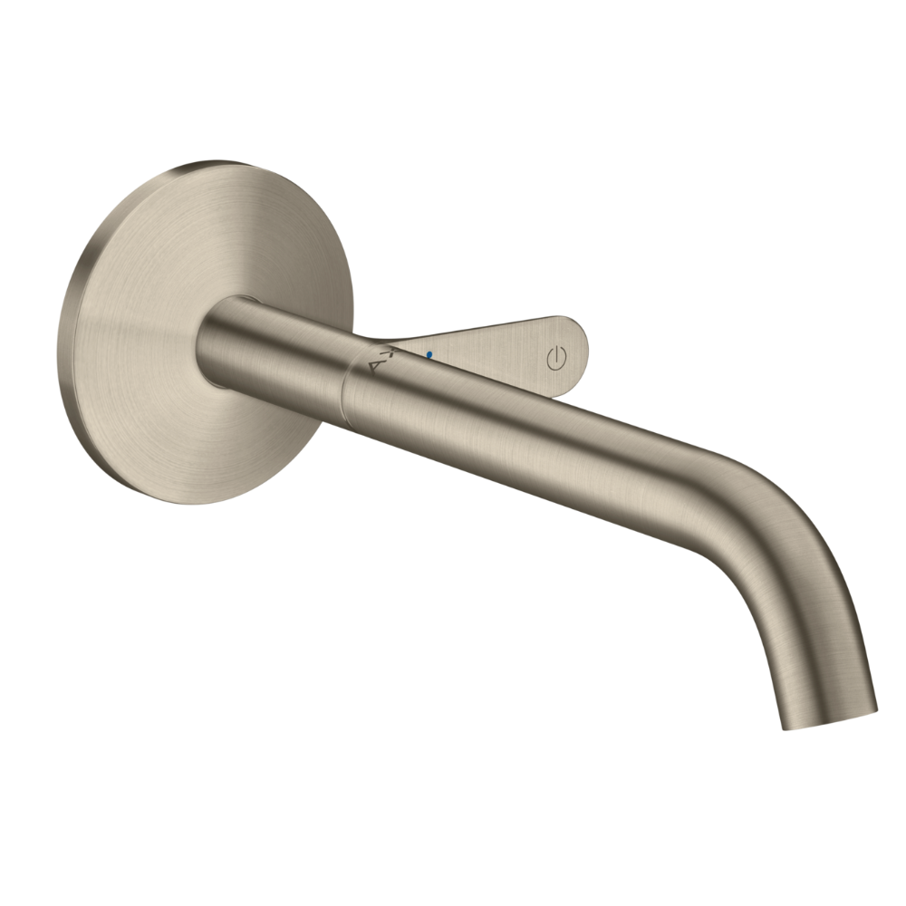 Brushed nickel wall-mounted faucet on a white background