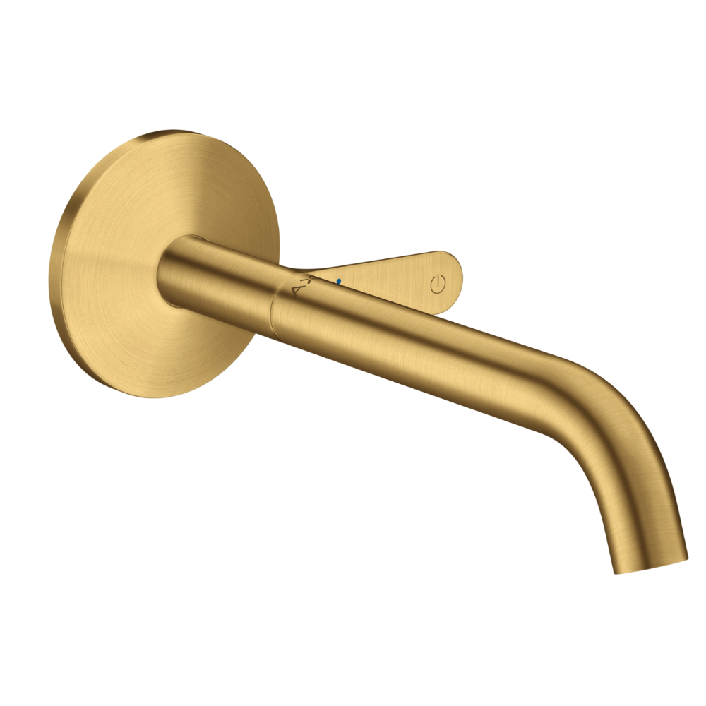 Gold wall-mounted faucet on a white background