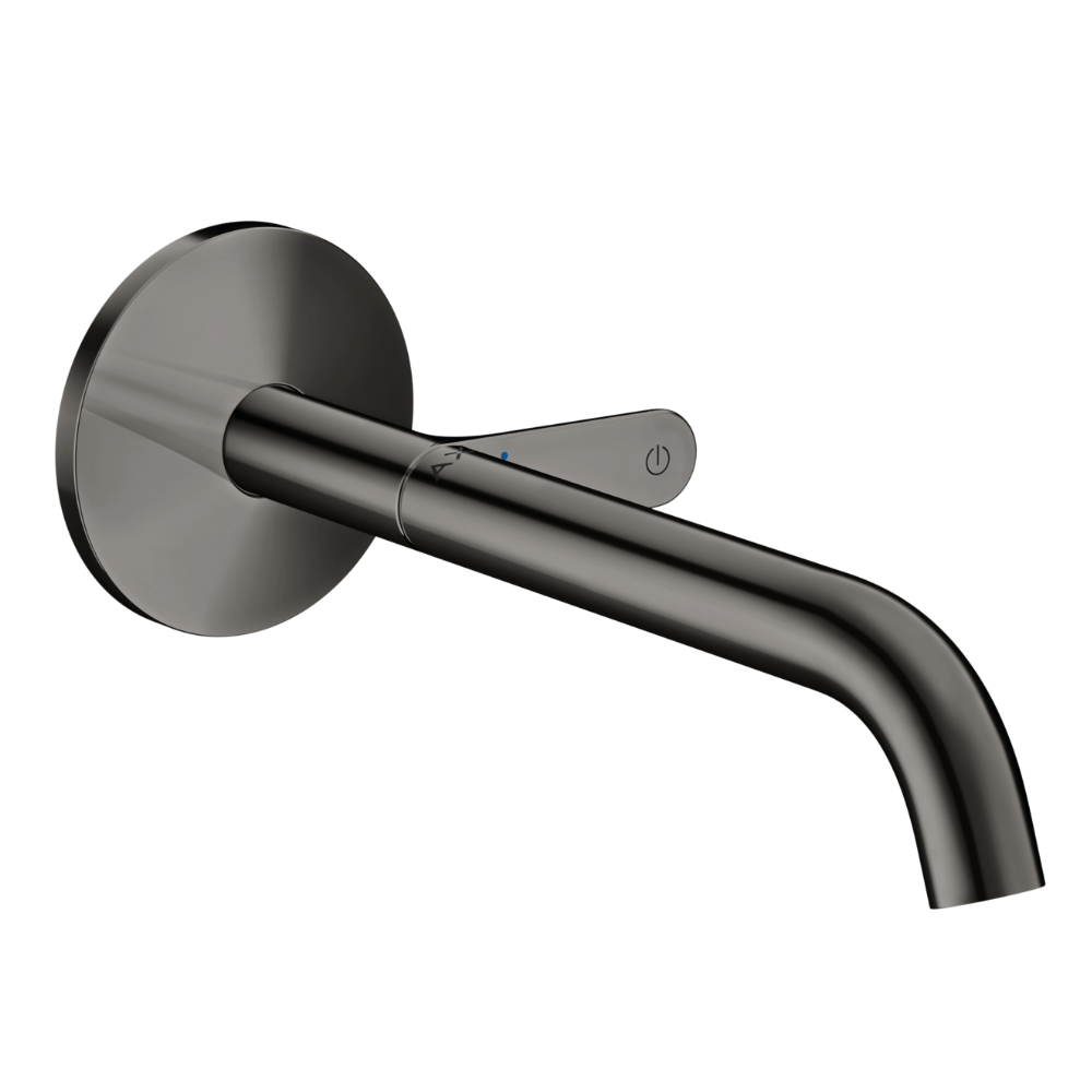 Chrome wall-mounted faucet on a white background