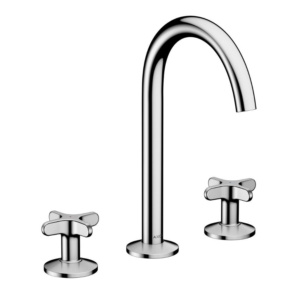 Chrome bathroom faucet set on a white background