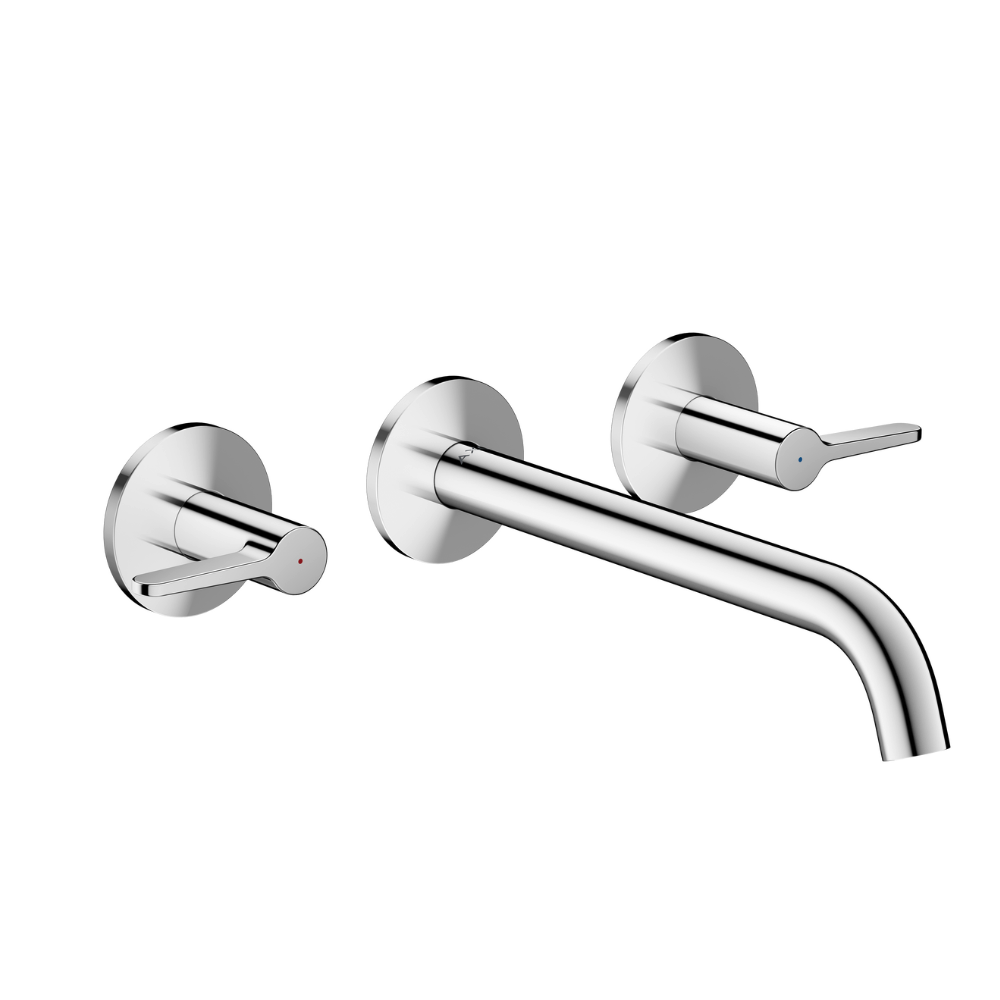 Chrome wall-mounted faucet set on a white background