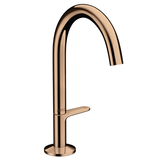 Rose gold kitchen faucet on a white background