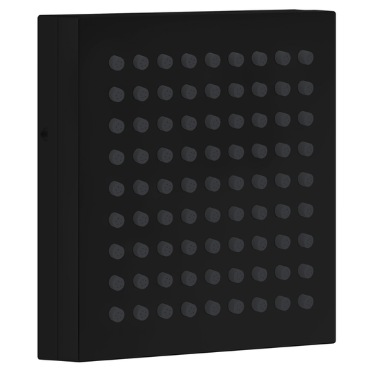 Black square object with a pattern of smaller black circles on a white background