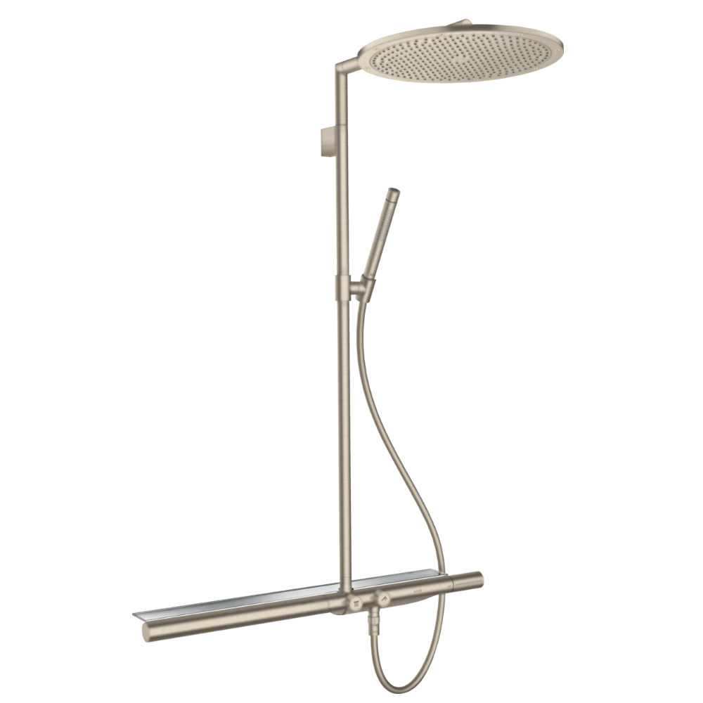 Shower system with rain shower head and handheld shower on a white background