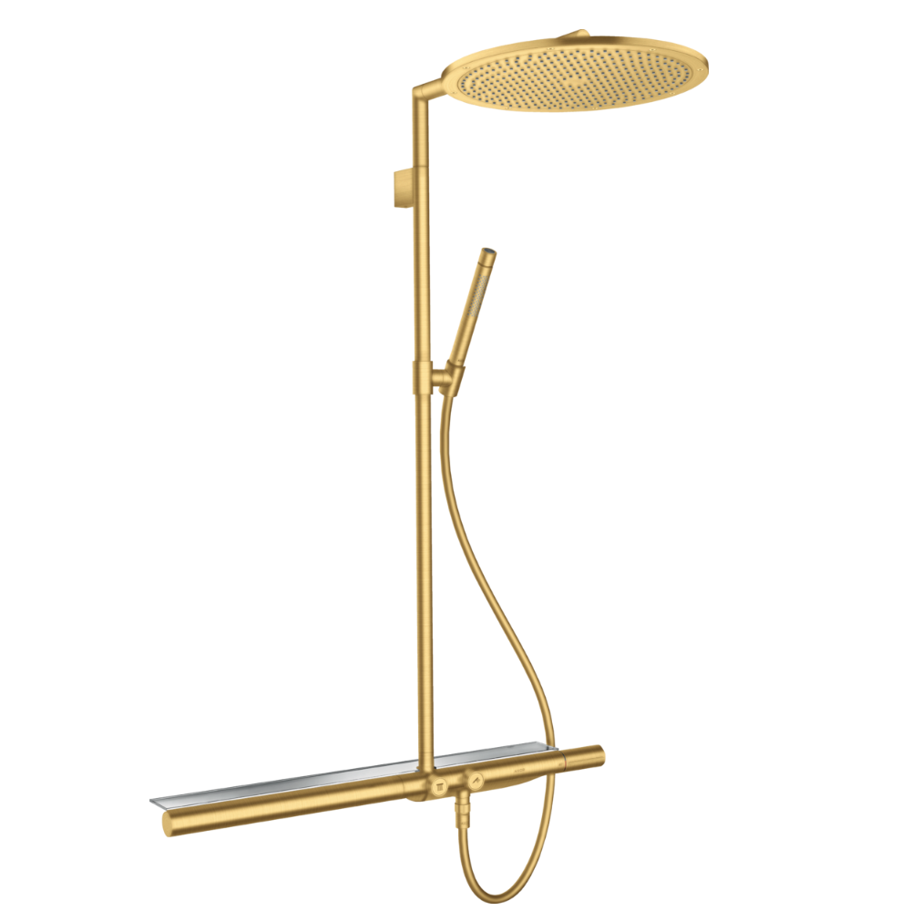 Gold shower set with rain shower head and handheld shower on a white background