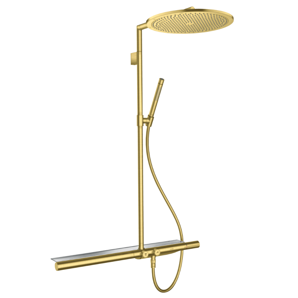 Gold shower set with rain shower head and handheld shower on a white background