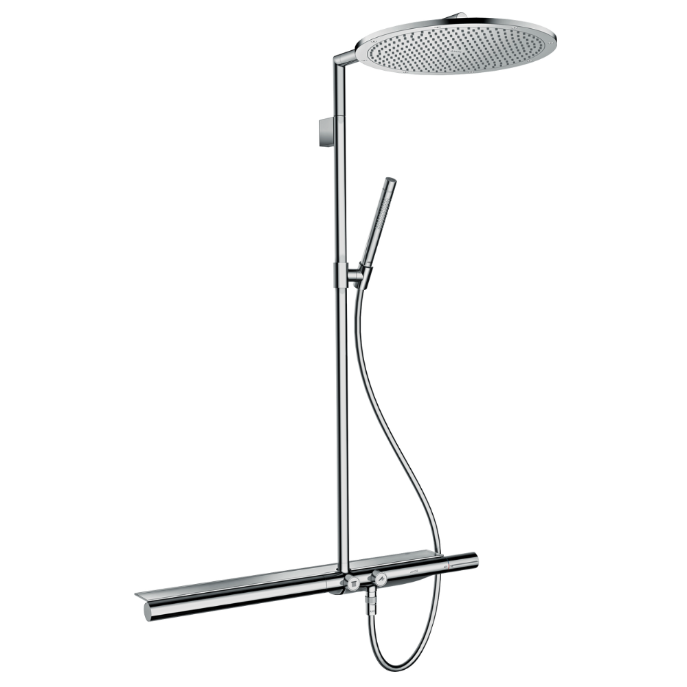 Chrome shower head and handheld shower on a white background