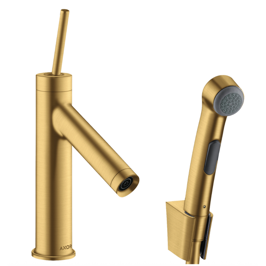 Gold bathroom faucet with handheld shower head on a white background