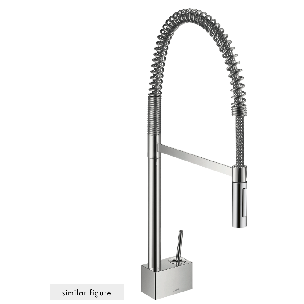 Modern kitchen faucet with flexible hose on a white background