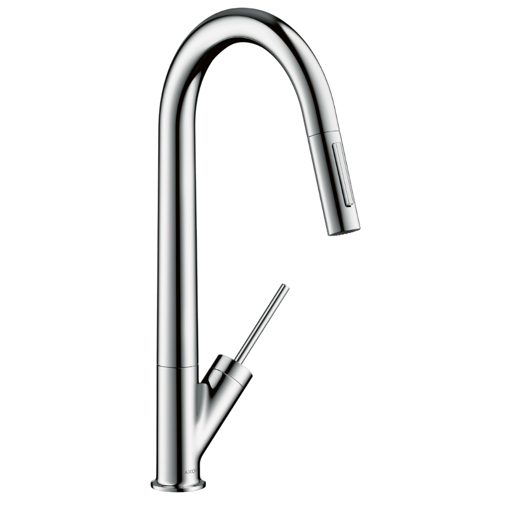 Chrome kitchen faucet on a white background