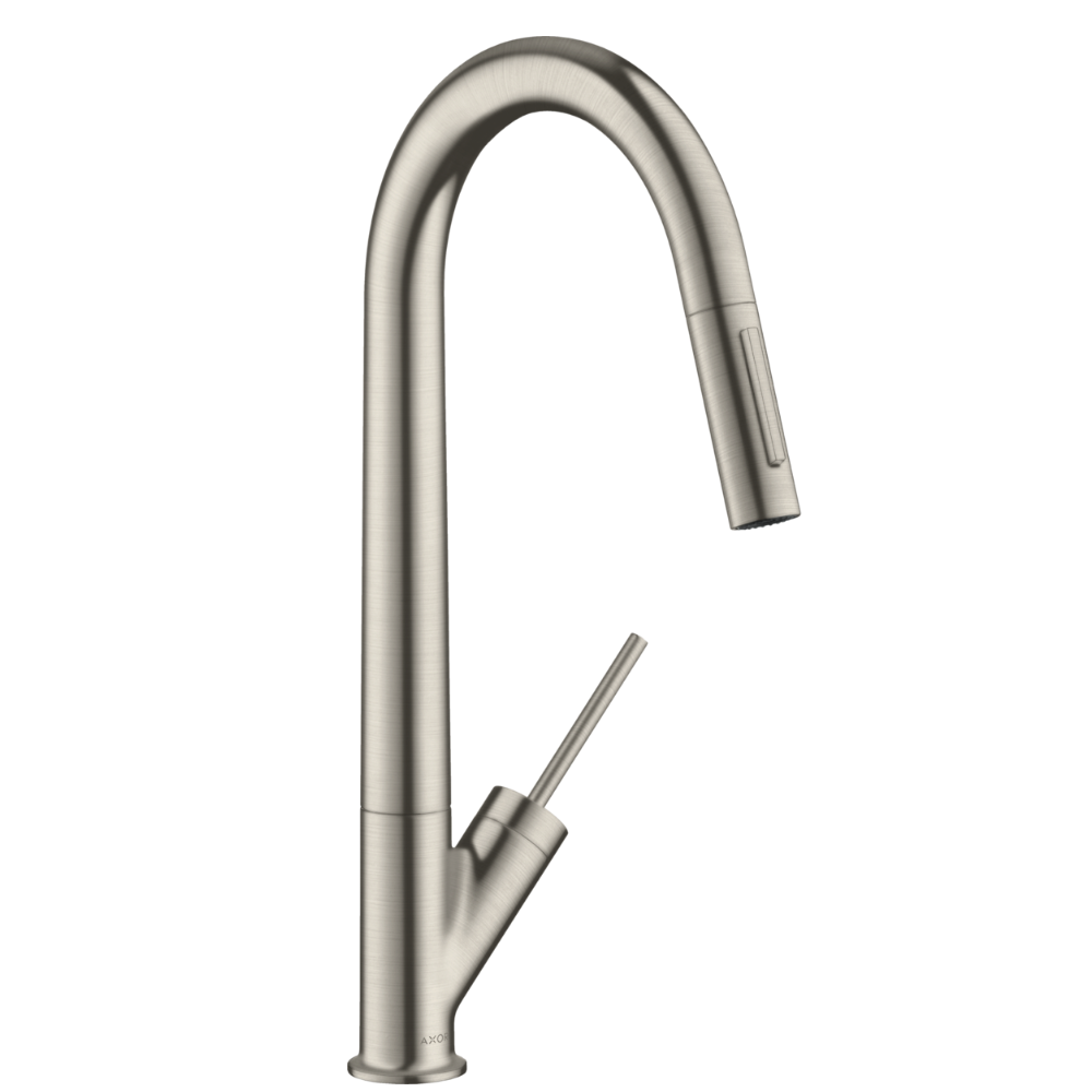 Stainless steel kitchen faucet on a white background