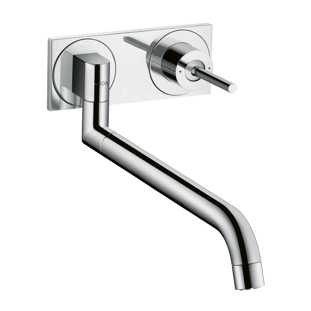 Chrome wall-mounted faucet with spout on a white background
