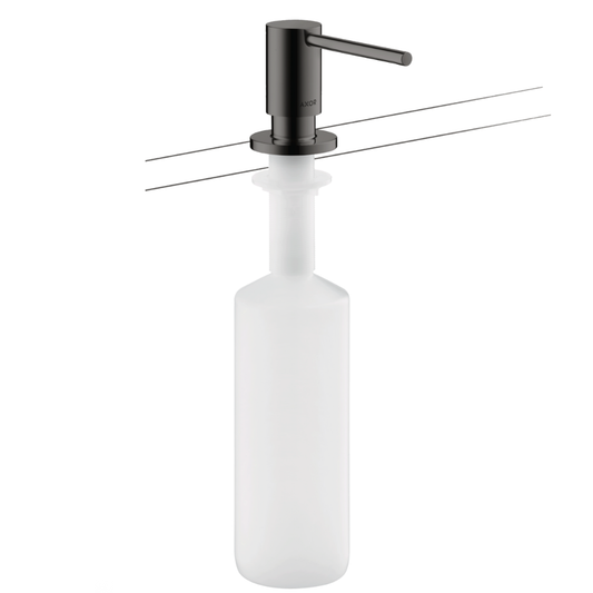 White soap dispenser with black pump on a white background