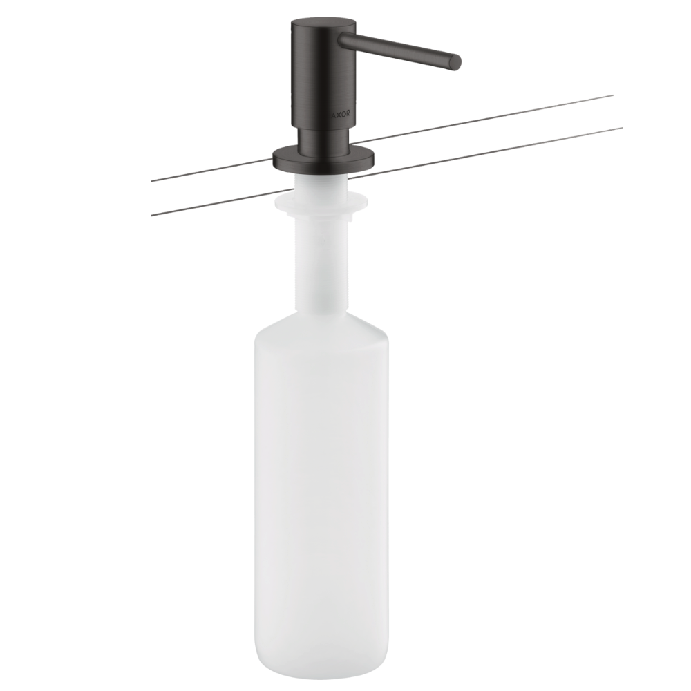 White soap dispenser with black pump on a white background