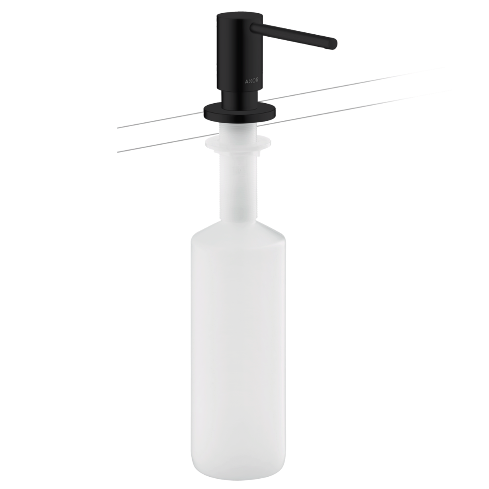 White soap dispenser with black pump on a white background