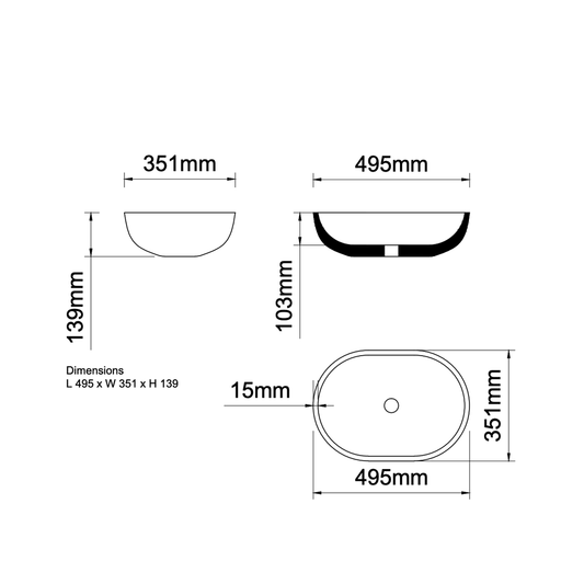 Ashton & Bentley Apollo Oval Bathroom Basin 495 x 350mm dim