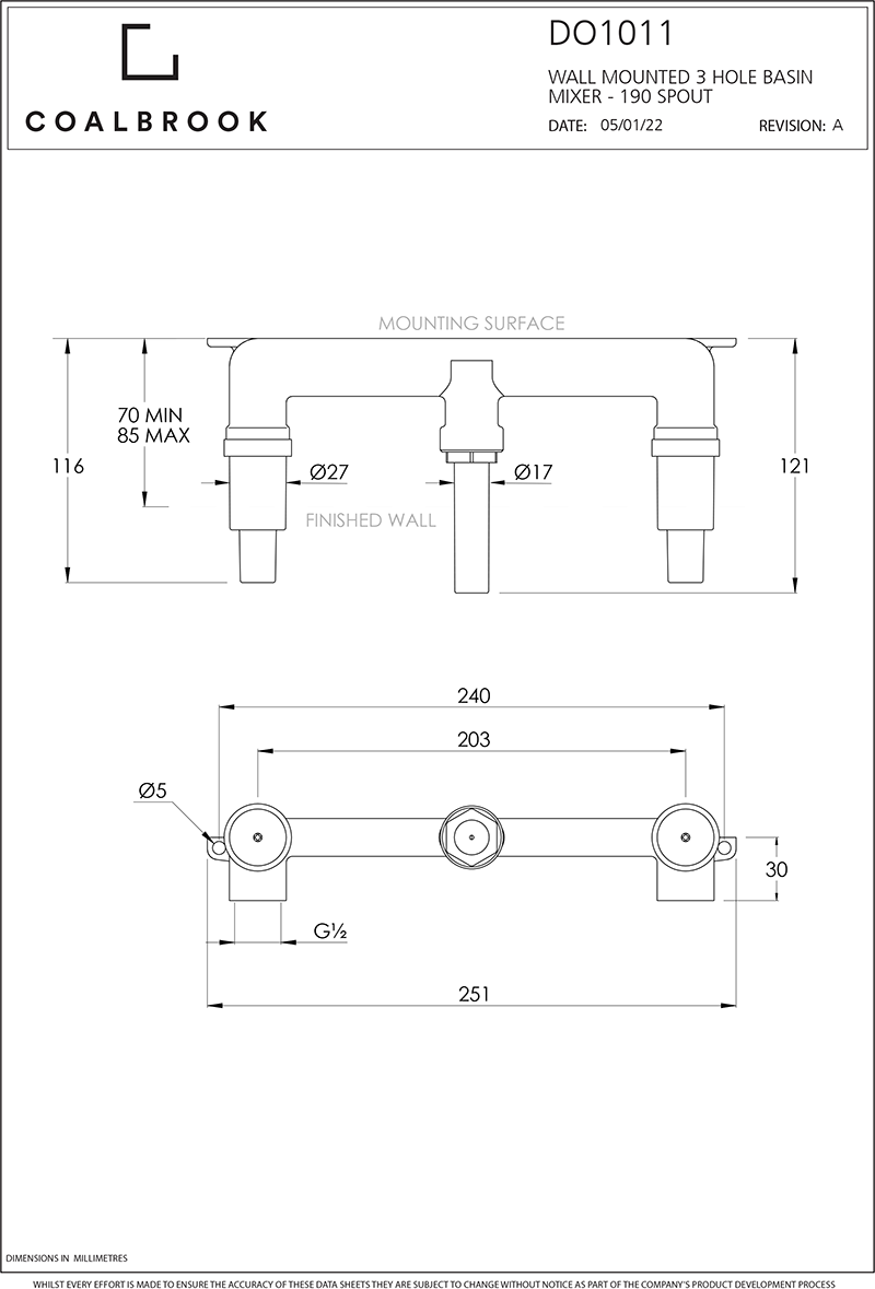 Coalbrook Bank 3th Wall Mounted Basin Mixer (190mm Spout) with Boss including Rough BA1021 ( 4 Colours Available )