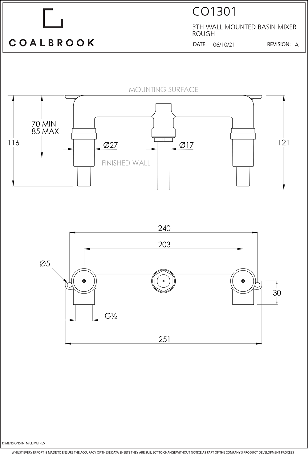 Coalbook Domo 3TH Wall Mounted Basin Mixer with Boss (165mm Spout) DO1018 ( 4 Colours Available )