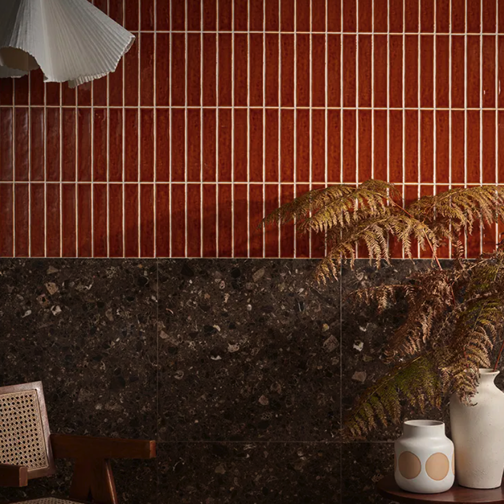 Room interior with red tiled wall, dark stone floor, and decorative plants.