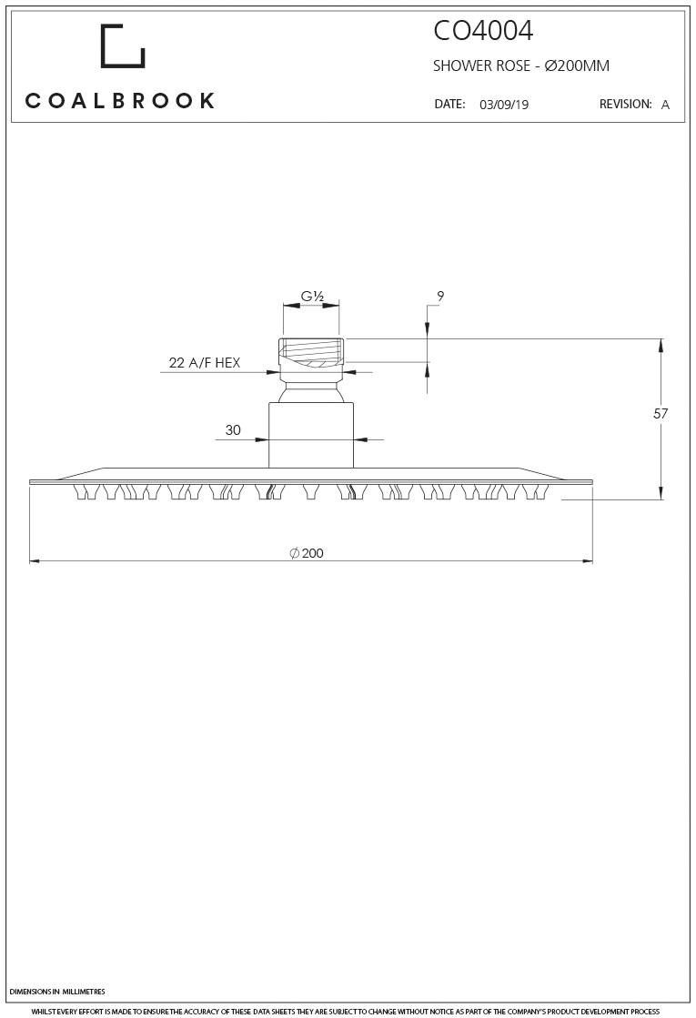 Coalbook 200mm Shower Head CO4004 ( 4 Colours Available ) spec