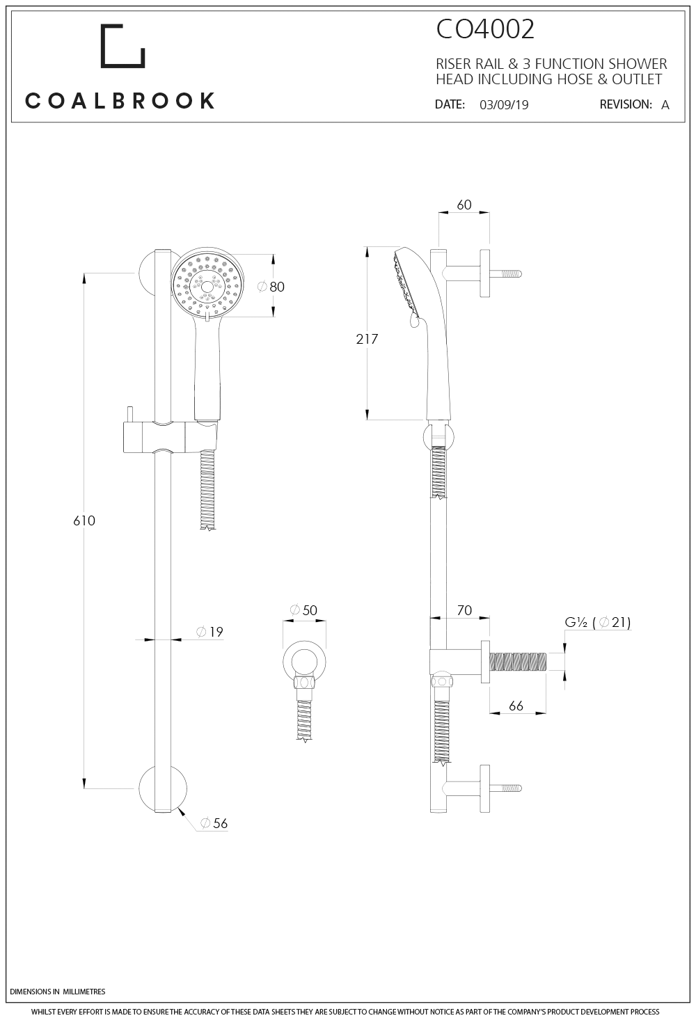 Coalbook Riser Rail and 3 Function Shower Head including outlet & hose CO4002 ( 4 Colours Available ) spec