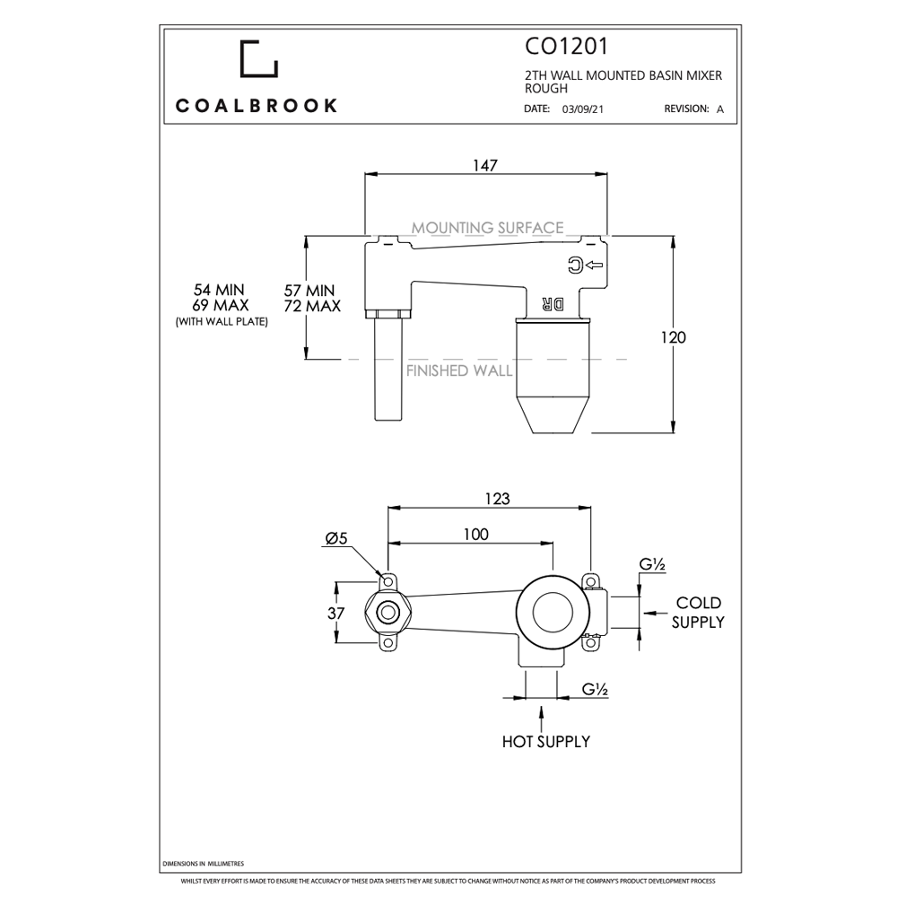 Coalbrook Rough required for 2TH Wall Mounted Basin Mixer CO1201 dim