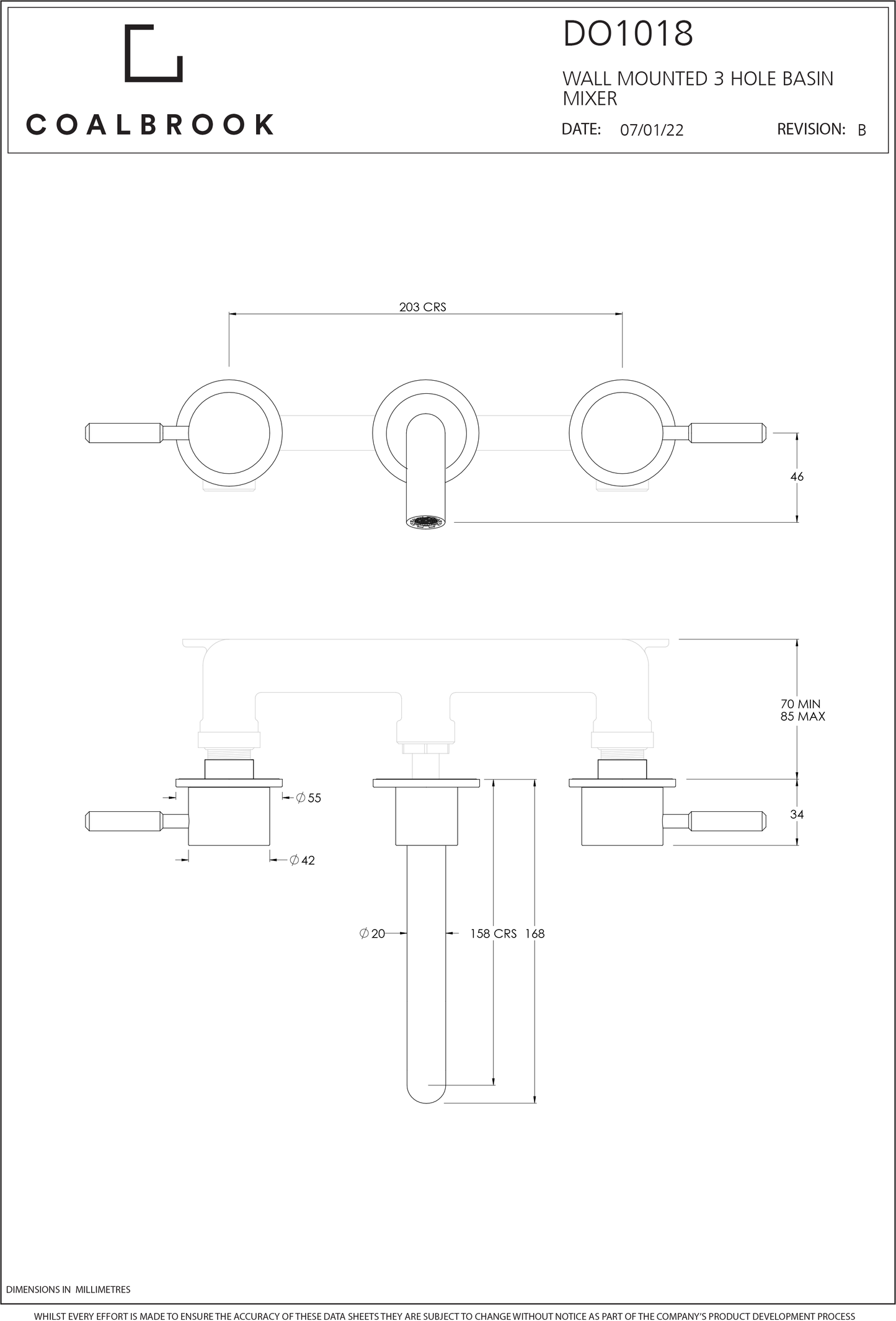 Coalbook Domo 3TH Wall Mounted Basin Mixer with Boss (165mm Spout) DO1018 drawing